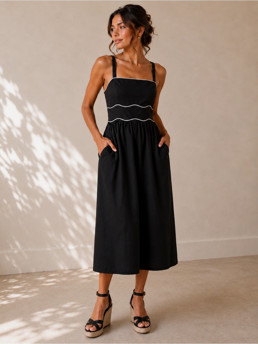 Donna Morgan Black Midi Dress with White Piping